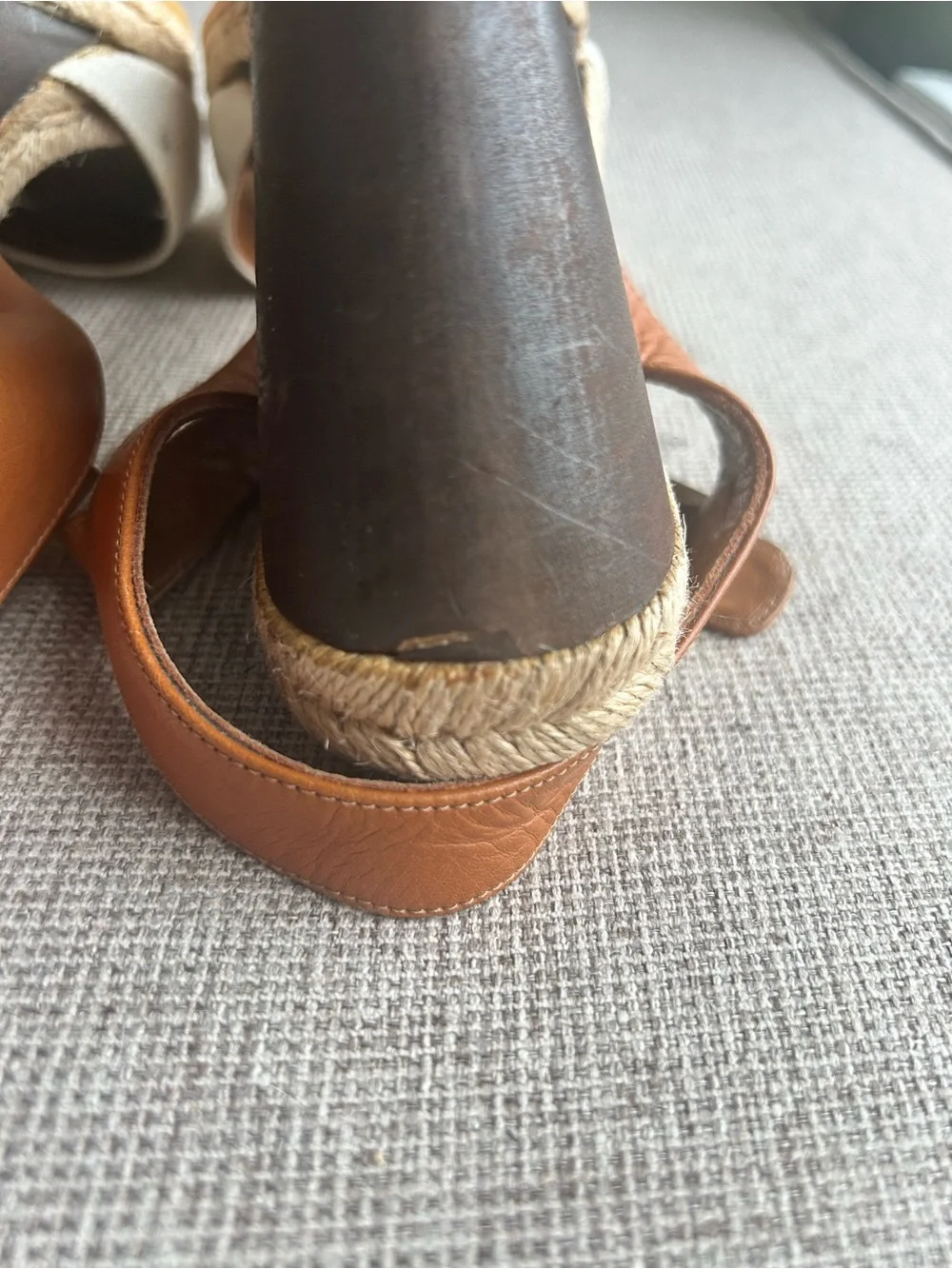 Tory Burch Brown Leather and Tan Strap Espadrille Wedges with White Canvas Heel